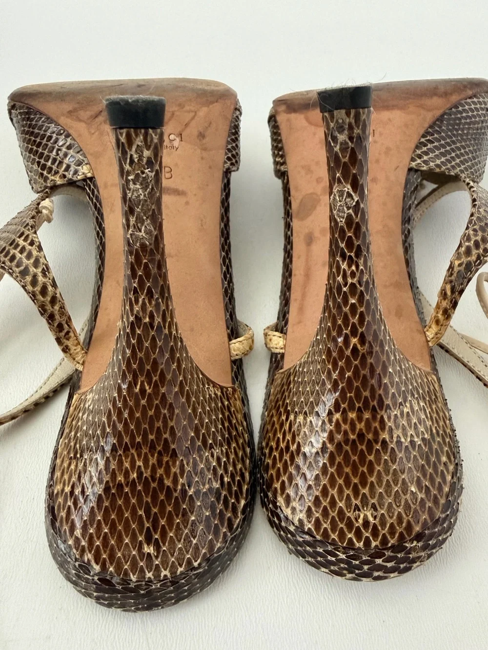 GUCCI | Vintage Snakeskin Bow Ankle Tie Stiletto Sandal Heels Brown Size 8.5B
